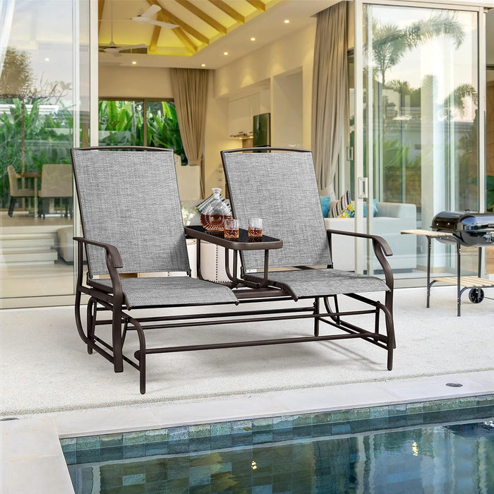 2-Seat Outdoor Glider with Center Table, Patio Rocking Loveseat with Breathable Mesh Sturdy Metal Frame for Garden Pool Lawn