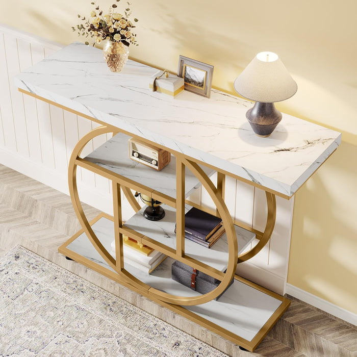 41.3" Console Table, Industrial 4-Tier Sofa Entryway Table with Circle Base, Narrow Wood Accent Tables with Storage Shelves for Living Room, Hallway, Foyer, White Gold