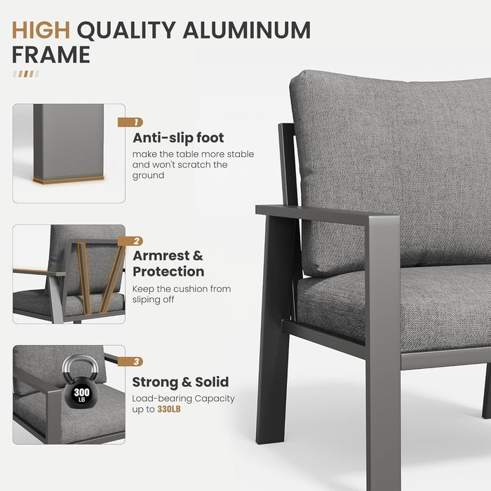 4-Piece Aluminum Patio Conversation Sets All-Weather Sectional Outdoor Furniture Set with Coffee Table & Cushions with Removable Covers for for Backyard, Garden and Poolside Easy Assembly(Gray)