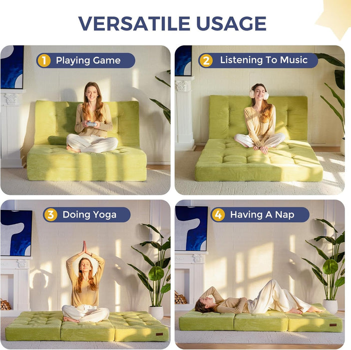 Tri-Fold Mattress, 6 Inch Tufted Folding Mattress Full Foam Bed, Foldable Floor Couch Guest Bed Topper Portable Camping Sleeper with Corded Fabric, Green, 53"X75"