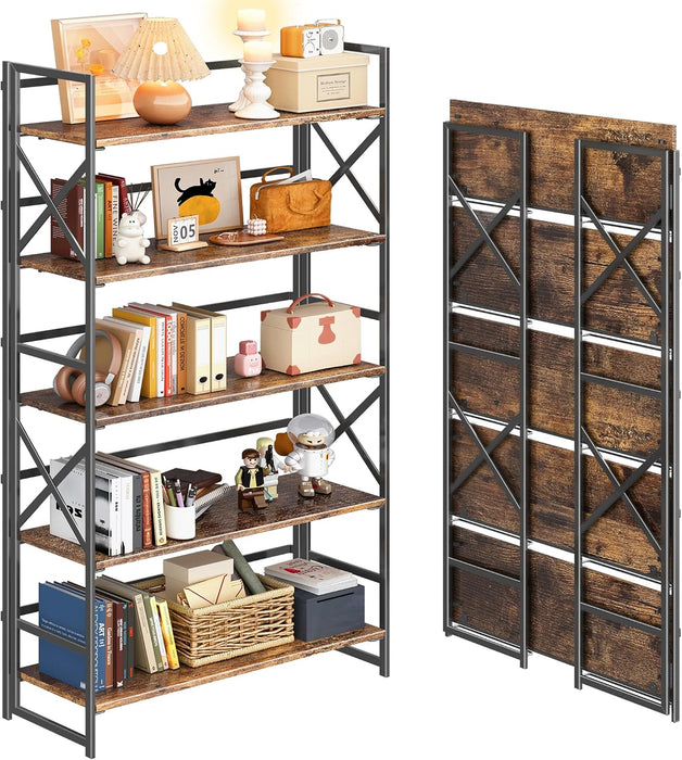 Extra Wide 5 Tiers No Assembly Book Shelves, 51.2" H Folding Bookshelf Bookcase Open Industrial Foldable Shelves for Bedroom, Living Room, Home Office - Rustic Brown Black