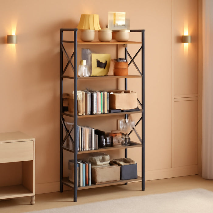 Extra Wide 5 Tiers No Assembly Book Shelves, 51.2" H Folding Bookshelf Bookcase Open Industrial Foldable Shelves for Bedroom, Living Room, Home Office - Rustic Brown Black