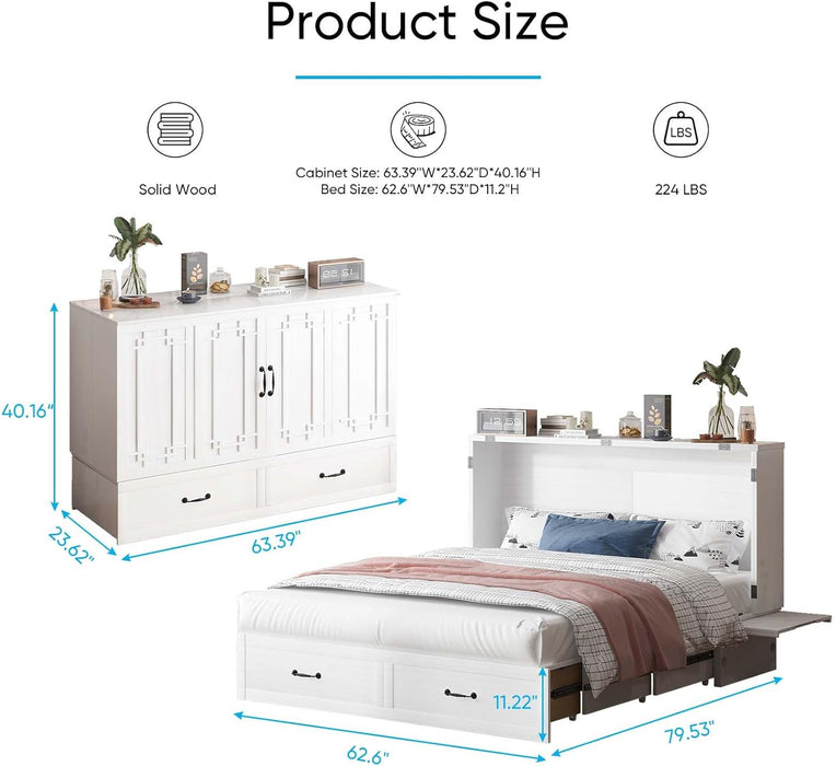Murphy Bed, Queen Size Cabinet Bed with USB Ports & 2 Large Drawers, Hidden Guest Beds with Tri-Folding Mattress, Multifunctional Adult Murphy Cube Beds for Guest Room Bedroom Offices, White