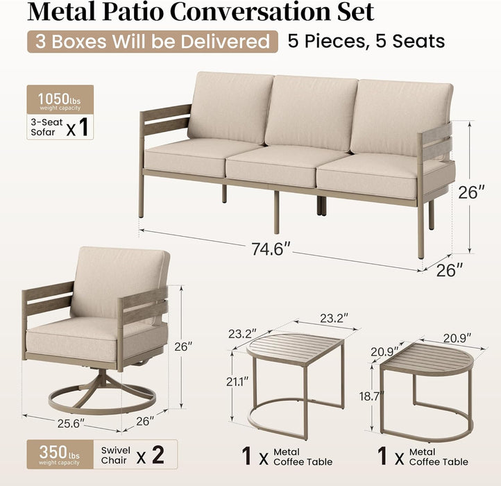 Metal Frame Patio Furniture Set, 5 PCS Modern Outdoor Patio Furniture Set, Wood-Like Patio Seating with Coffee Table and Patio Swivel Chairs, Patio Conversation Set for Backyard Deck