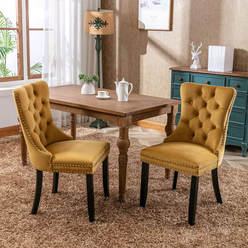 Tufted Dining Room Chairs Set of 2, Velvet Kitchen Nailhead Trim Chairs with Solid Wood Legs and Padded Seat, Gold