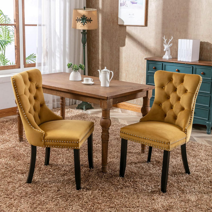 Tufted Dining Room Chairs Set of 2, Velvet Kitchen Nailhead Trim Chairs with Solid Wood Legs and Padded Seat, Gold