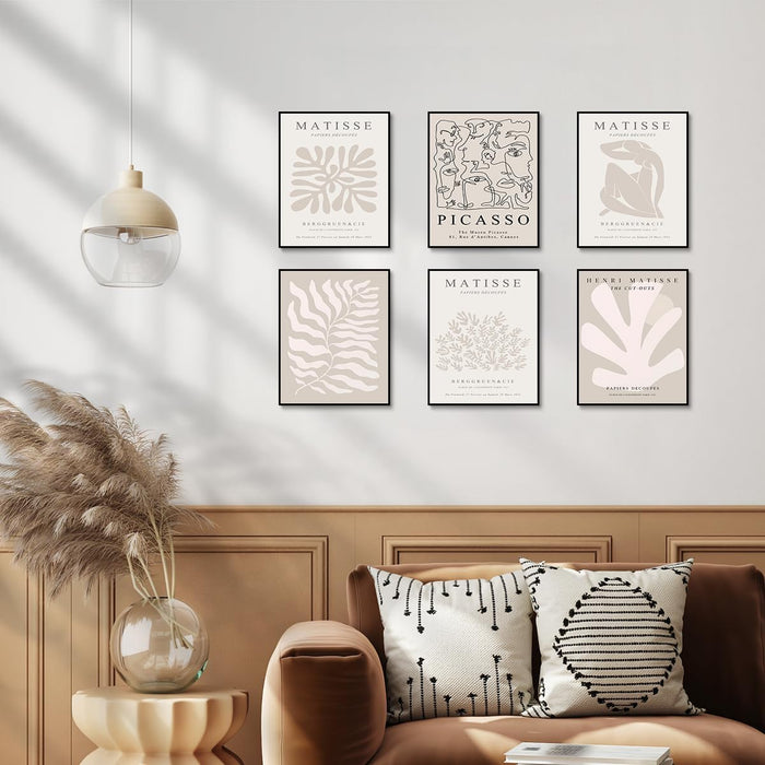 Laywhq Henri Matisse Wall Art Abstract Flower Canvas Wall Decor Neutral Gray Beige Picasso Line Mid Century Aesthetic Paintings Prints Posters for Bedroom Living Room Gallery Set of 6 8X10In Unframed