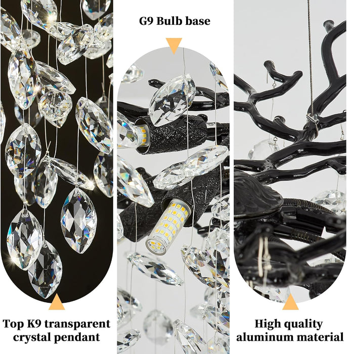 31.5" Tree Branch Chandelier Black 10-Light Crystal Chandelier