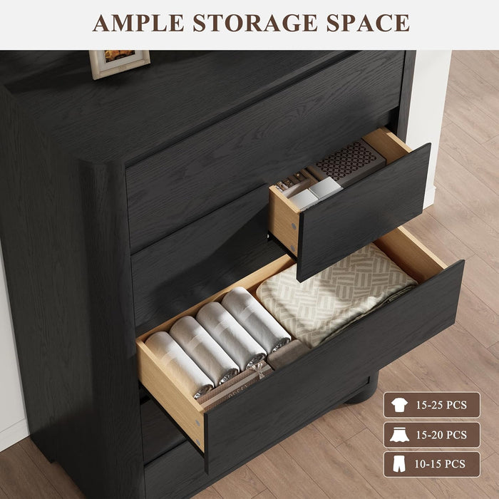 Black Dresser for Bedroom with 6 Drawers, 48" Tall Modern Chest of Drawers with Unique Thickened Foot, Rounded Corner Design, Wooden Dresser Organizer for Bedroom, Living Room, Hallway