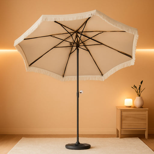 9Ft Patio Umbrella with Fringe, 2-Tier Outdoor Boho Umbrella with Tassels, Crank Handle, Push Button Tilt, Sun-Protective Canopy, 8 Ribs for Deck Backyard Poolside