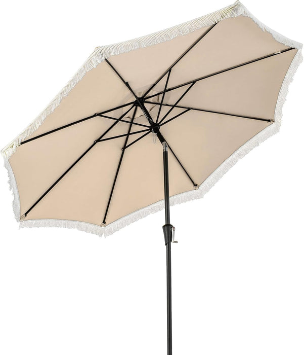 9Ft Patio Umbrella with Fringe, 2-Tier Outdoor Boho Umbrella with Tassels, Crank Handle, Push Button Tilt, Sun-Protective Canopy, 8 Ribs for Deck Backyard Poolside