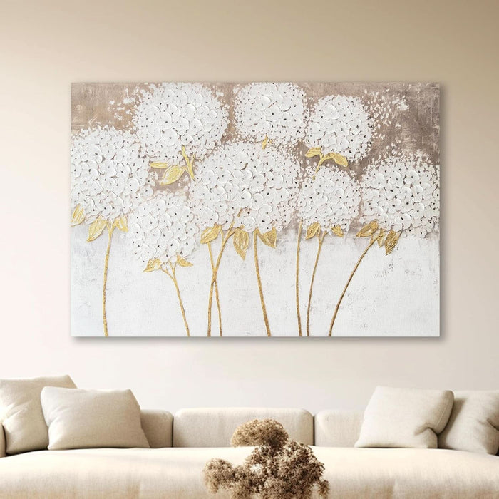 Large Hand Painted Wall Art White Hydrangea Canvas Wall Decor, Modern Floral Wall Decor, 3D Textured Oil Painting, Large Canvas Wall Art for Living Room Bedroom Office Decoration 40X28 Inch