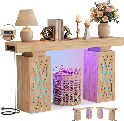 47.2" Extra Thick Entryway Table with Hollow Carved Storage Legs, 300+ Lbs Load Console Table with Reversible Outlets & RGB Light, Space-Saving Wood Sofa Table for Hallway Foyer, Natural Oak
