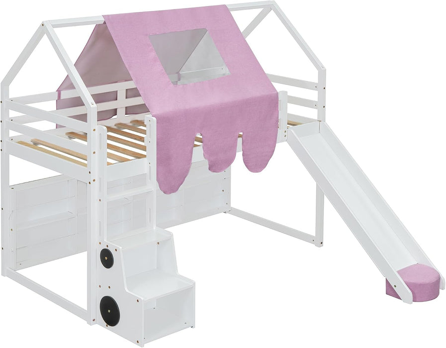 Twin Size Loft Bed With Slide PlayhouseCastleFortress