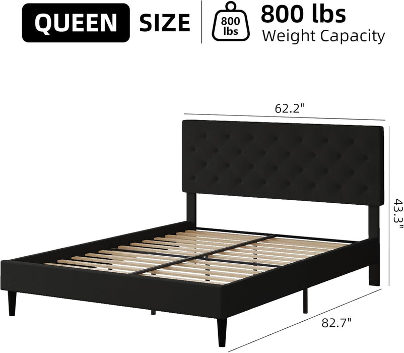 Queen Size Bed Frame with Headboard, Linen Fabric Upholstered Platform Bed Frame, Button Tufted Bed Frame Queen, Wooden Slat Support, No Box Spring Needed, Easy Assembly, Black