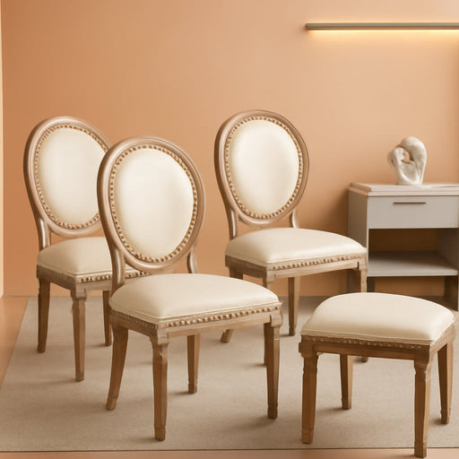 French Country Dining Chairs Set of 4, Leather Dining Chairs with Curved Backrest, Vintage French Accent Chairs for Living Room, Kitchen, Restaurant (Beige)