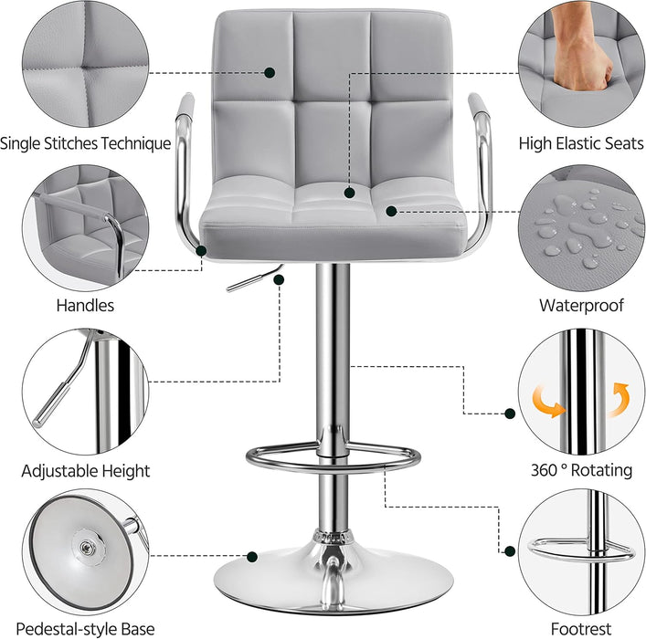 Modern Bar Stools Set of 2 Swivel Kitchen Stool Height Adjustable Square Counter Stool with Back&Armrest PU Leather Stool, Light Grey