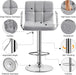 Modern Bar Stools Set of 2 Swivel Kitchen Stool Height Adjustable Square Counter Stool with Back&Armrest PU Leather Stool, Light Grey