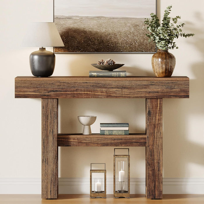 41.34-Inch Farmhouse Console Table, 2-Tier Narrow Sofa Table behind the Couch, Entryway Furniture with Storage Shelves for Hallway Foyer Living Room, Rustic Brown