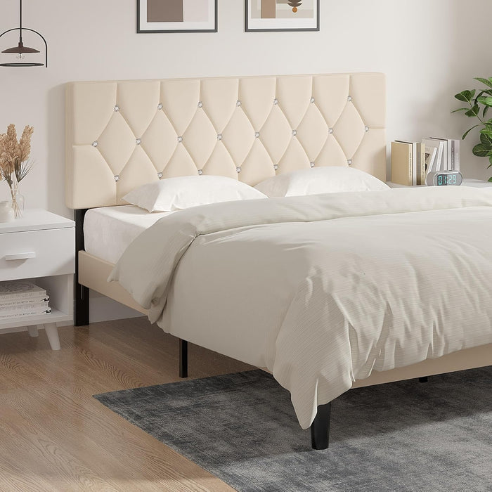 Tufted Upholstered Headboard Queen Size, with 6 Adjustable Height from 39.8" to 49.8", Button Diamond Design, Easy Assembly, Cream Beige