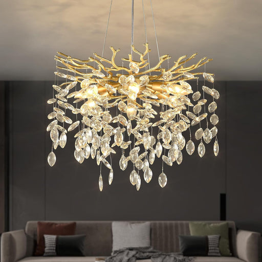 Gold Tree Branch Crystal Chandelier 18-Inch, Crystal Chandelier for Dining Room 6-Light, Hanging round Raindrop Chandeliers for Living Room E12