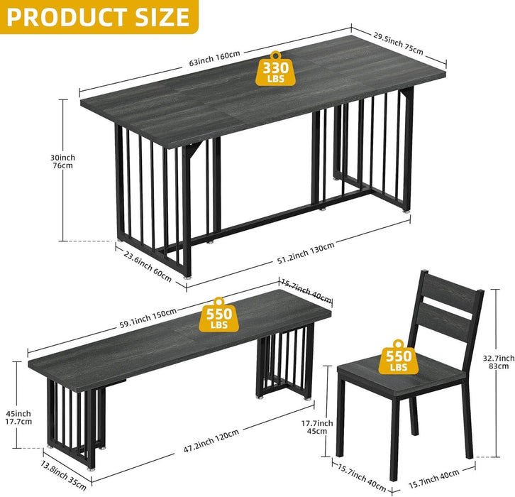 63 Inch Dining Table Set for 6-8 People 6-Piece Large Kitchen Table Set with 2 Benches and 4 Chairs Farmhouse Rectangular Dining Room Table for Kitchen Dining Room Apartment Dark Grey