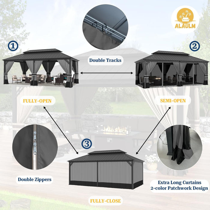 12'X20' Hardtop Gazebo, Outdoor Double Roof Canopy with Netting and Curtains, Galvanized Metal Frame, Sunshade for Patio, Backyard, Deck and Lawns-Gray