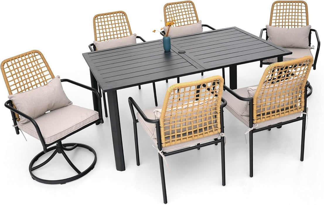 7-Piece Outdoor Dining Set, 4 Wicker Stackable Rattan Chairs ＆2 Wicker Swivel Rattan Chairs with 63'' Rectangular Patio Dining Table All Weather Frame Furniture Set