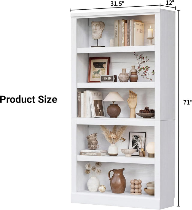 White Durable Five Tier 71Inch Adjustable Bookcase