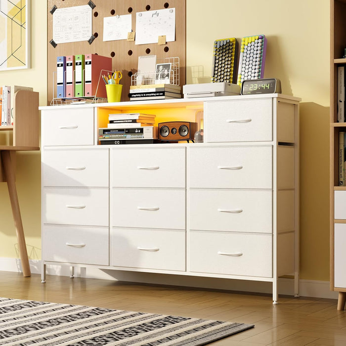 Long Dresser for Bedroom with Charging Station and LED Lights, White Dresser TV Stand with 11 Drawers, Fabric Chest of Drawers with PU Finish for Bedroom, Living Room, Entryway