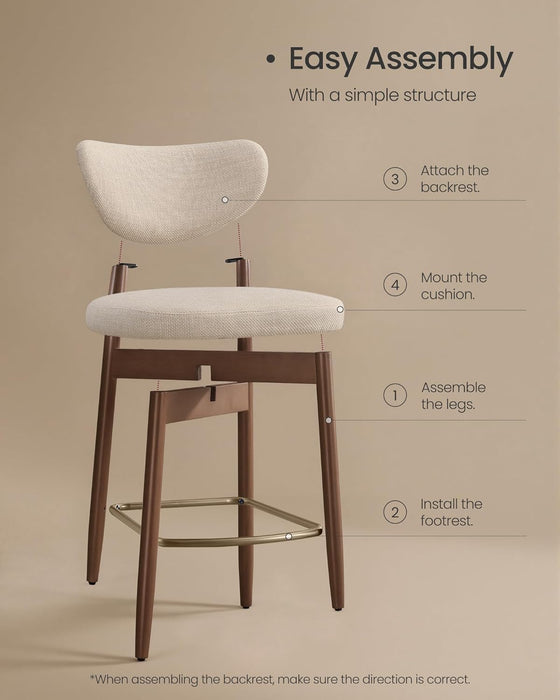 VASAGLE Wooden Bar Stools Set of 2, Linen-Look Fabric, Cappuccino Beige | Barstools with Solid Wood Legs, Ergonomic Backrest, Mid Century Modern, for Kitchen Island, Linen-Look Fabric