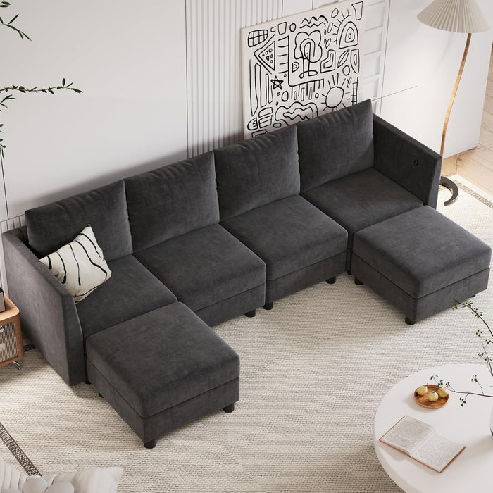 Modular Sectional Couch, 6 Seats U Shaped Couch with Storage, Modern Chenille Sofa Set with USB Charging Ports, Comfy Couches with Chaise for Living Room, Office, Dark Grey