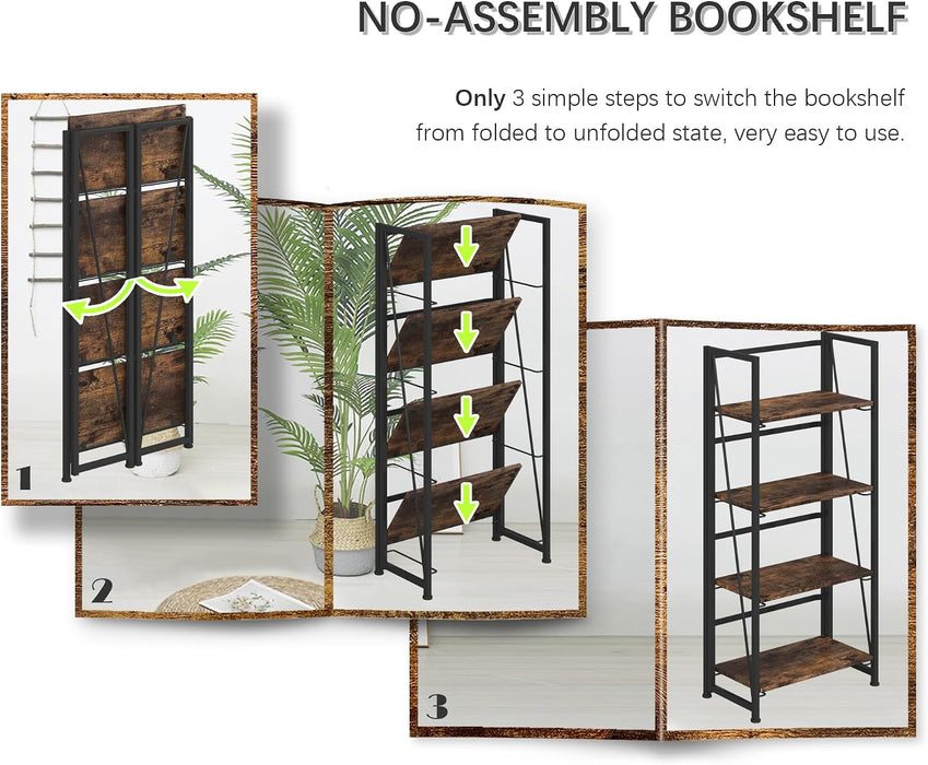 No Assembly Folding Bookshelf Storage Shelves 4 Tier Vintage Bookcase Standing Racks for Bedroom Living Room Home Office