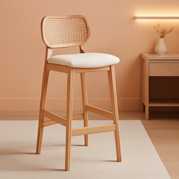 Counter Height Bar Stools Set of 2 Rattan Back Farmhouse Barstools Mid Century Modern Wood Bar Chairs Comfortable Sherpa Upholstered Kitchen Island Chairs for Pub/Breakfast, Beige
