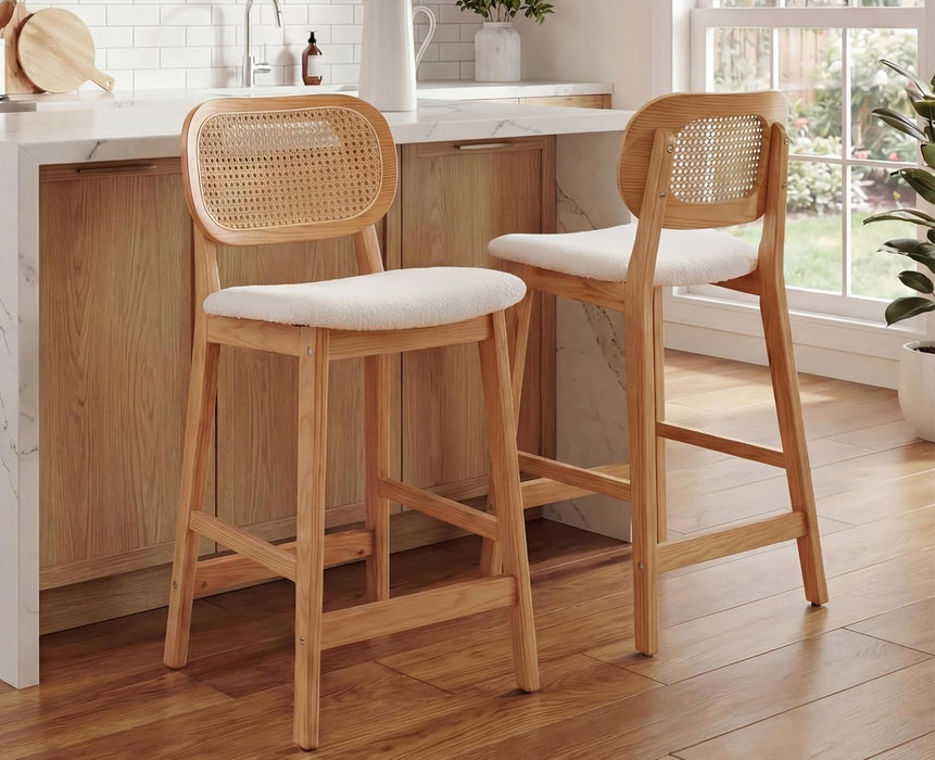 Counter Height Bar Stools Set of 2 Rattan Back Farmhouse Barstools Mid Century Modern Wood Bar Chairs Comfortable Sherpa Upholstered Kitchen Island Chairs for Pub/Breakfast, Beige