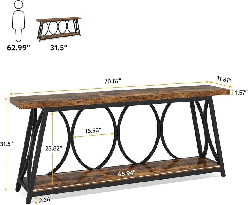 70.9 Inch Extra Long Console Table, Industrial Sofa Table behind Couch with 2 Tier Storage Shelf, Narrow Entryway Hallway Accent Table for Living Room, Rustic Brown