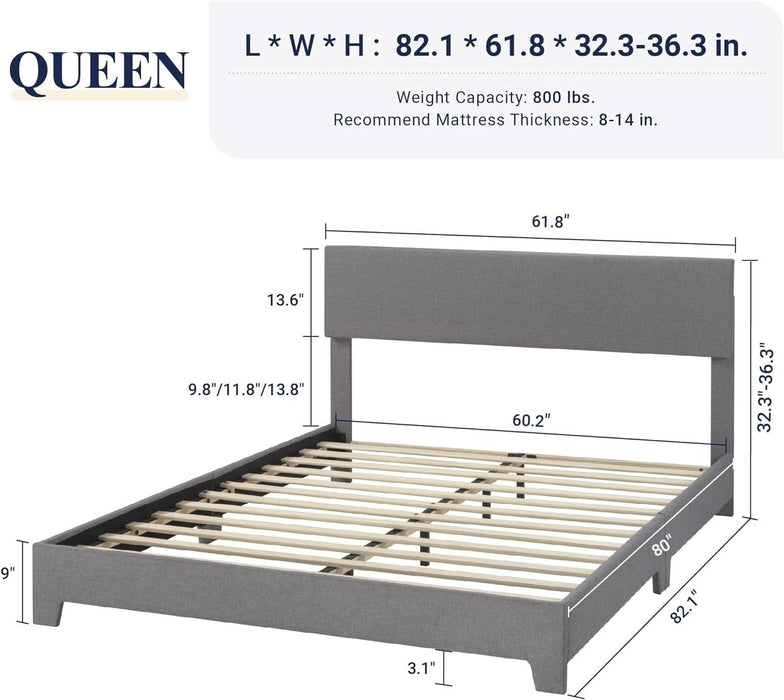 Queen Bed Frame with Upholstered Adjustable Headboard, Platform Bed with Wood Slats, Heavy Duty Mattress Foundation, No Box Spring Needed, Easy Assembly, Light Grey