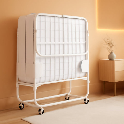 Folding Bed with Mattress for Adults, 75" X 31" Cot Size Portable Rollaway Guest Bed with Memory Foam Mattress and Metal Frame on Wheels, Space-Saving Foldable Design, White