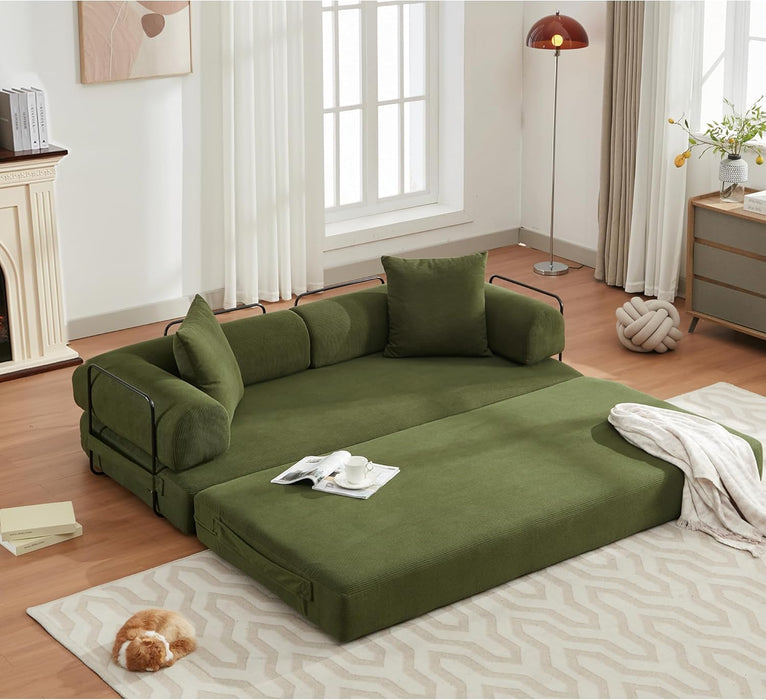 Convertible Sleeper Sofa Bed with Cylindrical Pillow, Corduroy Folding Mattress Couch with Fixed-Shape Frame, Floor Sofa Lounge Couch for Living Room Bedroom Lounge Studio-Green