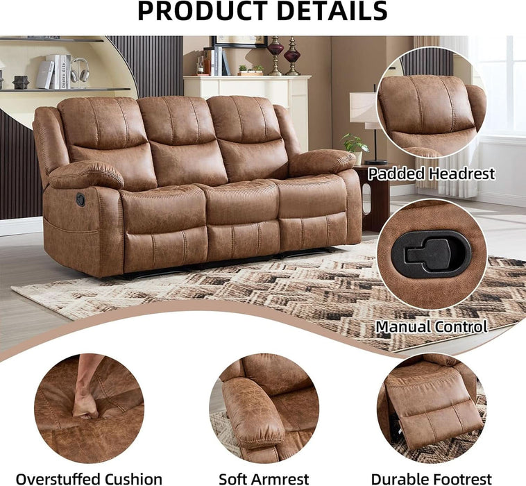 2 Pieces Manual Recliner Sofa Set, Faux Leather Reclining Couch Set for Living Room, Included Loveseat Recliner Couch and 3 Seat Reclining Sofa, Brown
