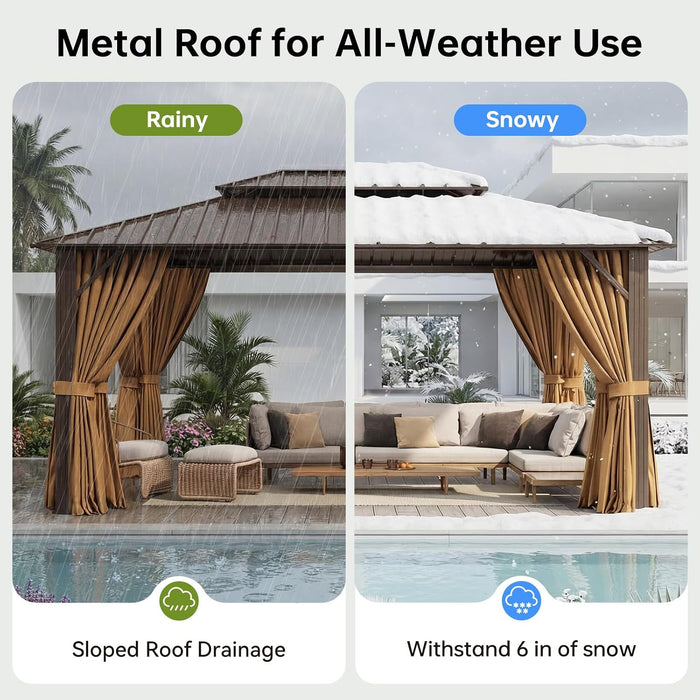 12X16Ft Hardtop Gazebo, Metal Frame with Double Galvanized Steel Roof, Permanent Outdoor Pergola with Curtains and Netting Included for Backyard, Patio, Lawn and Garden, Brown