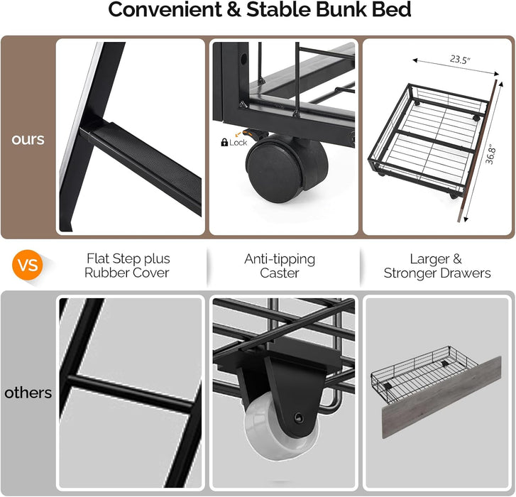 Bunk Bed Twin over Full Size with 2 Storage Drawers/Flat Rungs/Inclined Ladder, Heavy Duty Metal Slat Support, No Box Spring Needed, Black/Industrial Brown