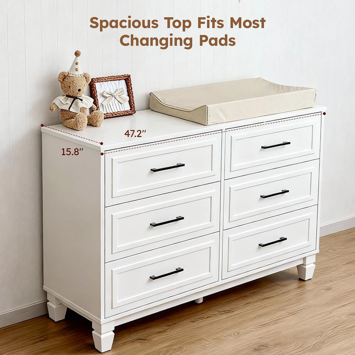 White Dresser for Bedroom, 6 Drawer Kids Dresser, Wood Chest of Drawers