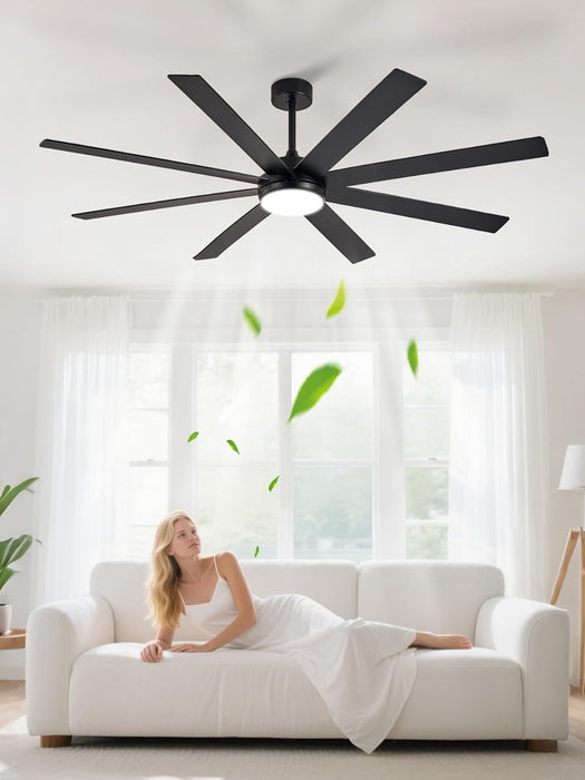 66" Ceiling Fans with Lights: Black Indoor/Outdoor Ceiling Fan for Patios Living Room - 8 Blades Dimmable Large Ceiling Fans with Remote APP Control Timer Reversible Quiet DC Motor 6 Speeds