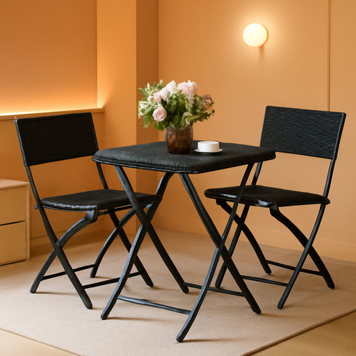 Rattan Patio Bistro Set, 3 Piece Foldable Outdoor Patio Furniture Sets, with Folding Table and Two Chairs, for Garden, Backyard, Pool, Lawn, Porch, Balcony, All Weather Rattan Style (Black)