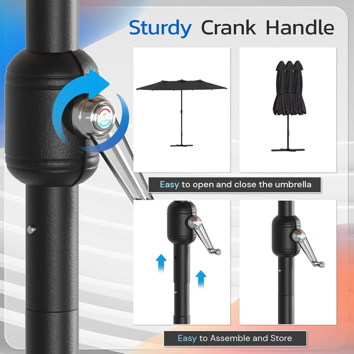 15X9Ft Large Patio Umbrella, Double-Sided Outdoor Market Rectangle Table 177''X104'' Umbrella with Crank Air Vents for Deck Pool Patio(1.9" Pole, Black)