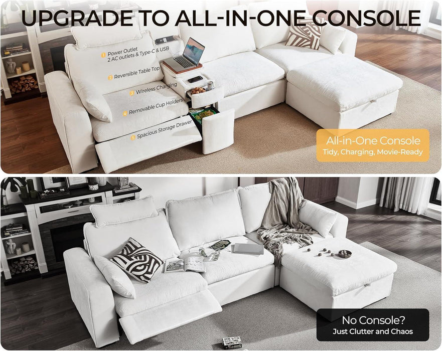 102.8'' Loveseat Power Recliner Sofa with Headrest, Oversized Cloud Modular Sectional Couch with Table, Drawer, Charging, 3-Seater with Storage Ottoman for RV Home Theater, Chenille, White