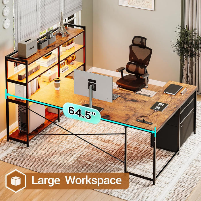 L Shaped Desk with Storage Shelves, 64.5" Reversible U Shaped Office Desk with 3 Fabric Drawers, Gaming Desk with Power Outlet & LED Strip for Home Office, Rustic Brown