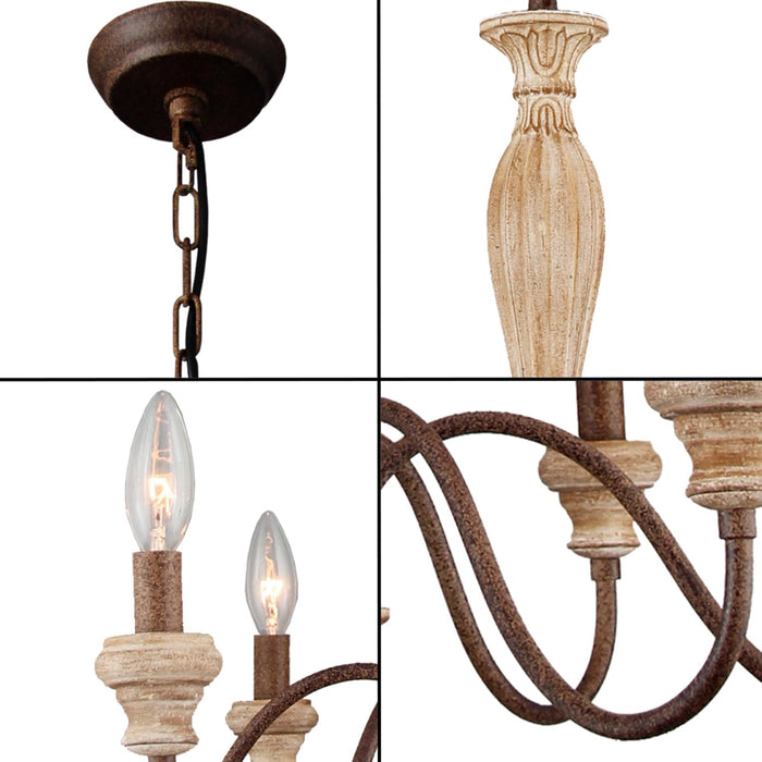 French Country Six Light Distressed Wood Chandelier
