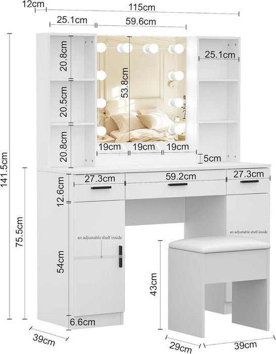 Vanity Desk, Makeup Table with Lights Vanity Set with 3 Drawers, 1 Cabinet & 6 Shelves 3 Lighting Modes Brightness Adjustable Dressing Table with Cushioned Stool for Bedroom, Dressing Room (White)